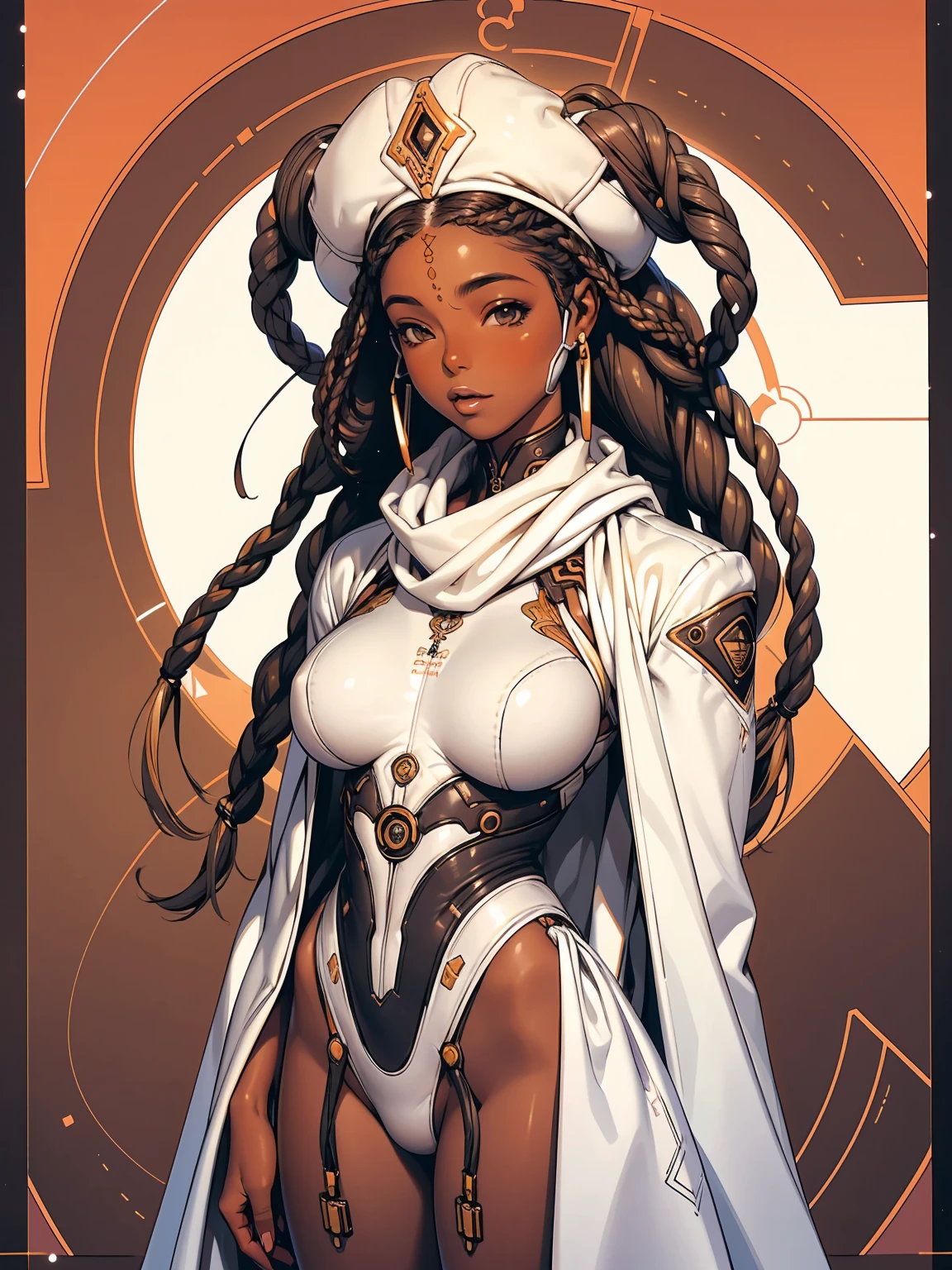 Beautiful African American woman in aviator jacket, (((fully body))), (((dental floss))), (((afro girl))), (((coxas nuas))), (((DuneWalker))), white scarf and bomber aviator hat, digitalpainting, Digital illustration, extreme detail, digitl art, 4K, ultra HD. Your skin is deep, rich color and her hair is pulled back into two braids