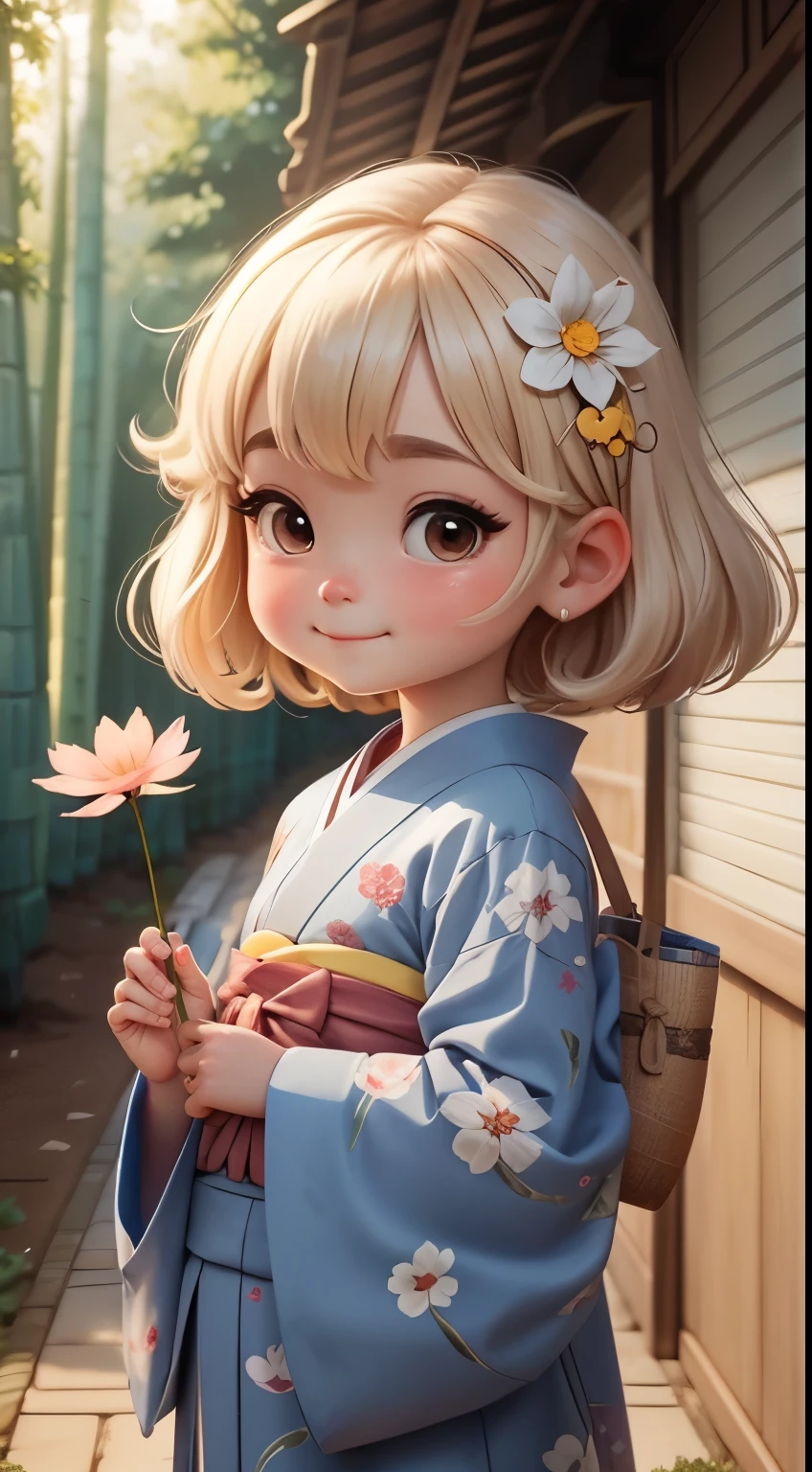 Create a  baby chibi version of the Alice character in an 8K resolution. A short-haired girl is wearing a kimono with a carp pattern, holding a paper umbrella and wearing a hairpin in a bamboo forest, It's sunny, Detailed eyes, clear outlines, kawaii pose, A smile, Raise your right hand, Eye Up, Laugh, radiant light, Taken from the side. She should look adorable and cute. Give him a smiling expression and a sweet smile on his face, capturing the essence of the character in a delicate and charming way.