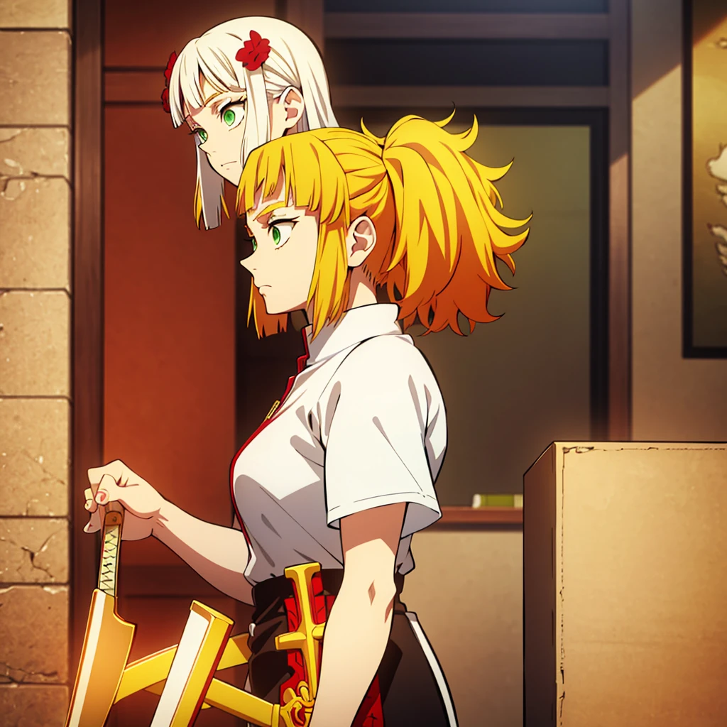 White young woman, Yellow hair with red details in her hair, Medium hair, Green eyes, neutral face, Linda, Sword, demon slayer uniform, red highlights in hair, front view, (solo)