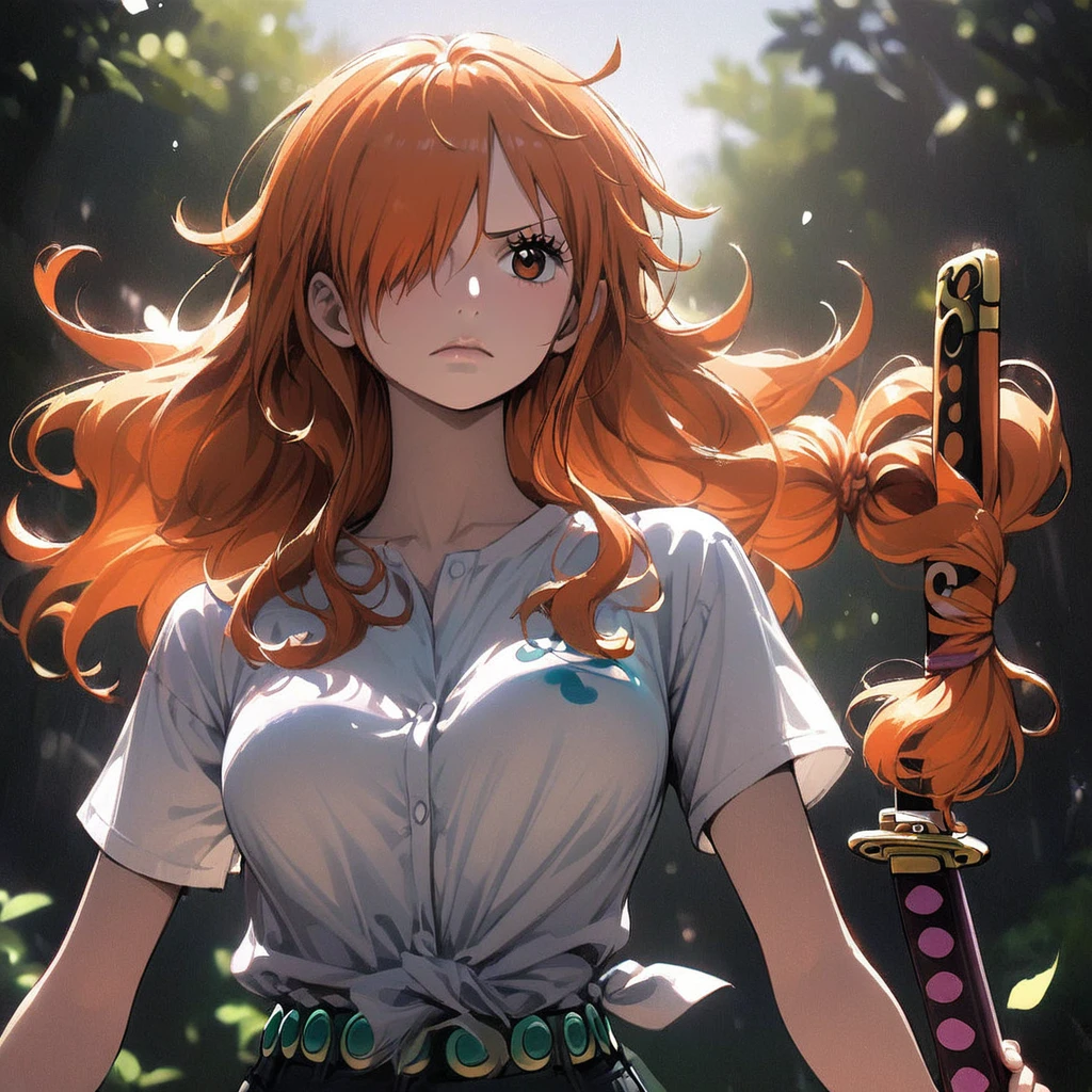 masterpiece, best quality), intricate details, 1 girl, woman, orange hair, nami \ (one piece\), (long hair), shirt, ((white shirt, black pant, black court)) female focus, nature, scenery, upper body, ((front view)) ((close up shot)) ((solo)) ((hair over one eyes)) detailed, very high resolution, no blurry image, full body, orange eyes, sligh wavy hair, ((nami from one piece)) ((female nami from one piece)), holding katana, (((hair tied up)) ((front view))