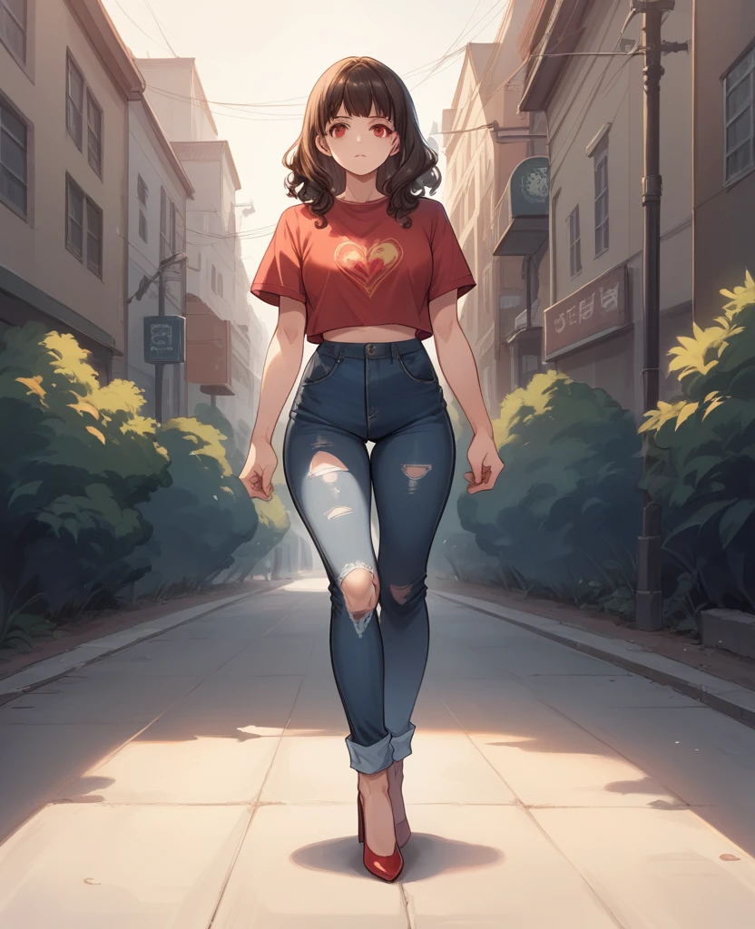 foto realismo estilo anime Yusuke murata arte com um grande lobo ao seu lado Deusa Phoenix Girl Chunli + Sakura ombros largos com cabelo curto e ondulado vestido com corte em V jeans rasgados com salto alto andando em uma rua escura e sombria estilo assustado foto realismo, desenho totalmente detalhado em bancada preta e monocromática e apenas os olhos, diamante vermelho de fogo forte 