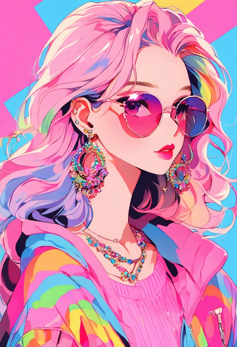 Rainbow Style, One girl, alone, Long Hair, Big round sunglasses on the head, View your viewers, Glowing eyes background, jewelry, Mouth closed, Happy, Jacket, Upper Body, Pink Hair, Earrings, Pink Eyes, necklace, From the side, sweater, lips, eyelash, compensate, Wavy Hair, Earrings, cross, lipstick, ear Earrings, eye shadow, hoop Earrings, pink lips, Variegated eyes, Pink Theme, pink eye shadow, Tattoo, Dark Background
