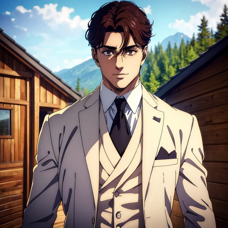 best quality,4k,8k,highres,masterpiece:1.2),ultra-detailed,(realistic,photorealistic,photo-realistic:1.37), a young man  with broad shoulders, mappa art style,  heart-shaped face with sharp jawline,   brown almond-shaped eyes with positive canthal tilt , his hair are medium unique well styled, his hair color is dark brown, he looks handsome, he is fair, he has well built body, he is wearing white colour wedding three piece suit, he is slightly smiling, vibrant color, behind him a cabin