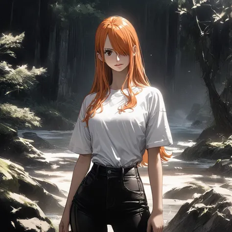 masterpiece, best quality), intricate details, 1 girl, woman, orange hair, nami \ (one piece\), (long hair), shirt, ((white shir...