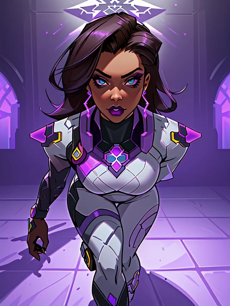 a beautiful detailed female character,overwatch sombra ,dark purple tones,brunette,beautiful detailed makeup,elegant dress,futuristic technology,futuristic church interior,masterpiece,photorealistic,high resolution,8k,best quality,cinematic lighting,dramatic shadows,intricate details,vibrant colors,concept art style 