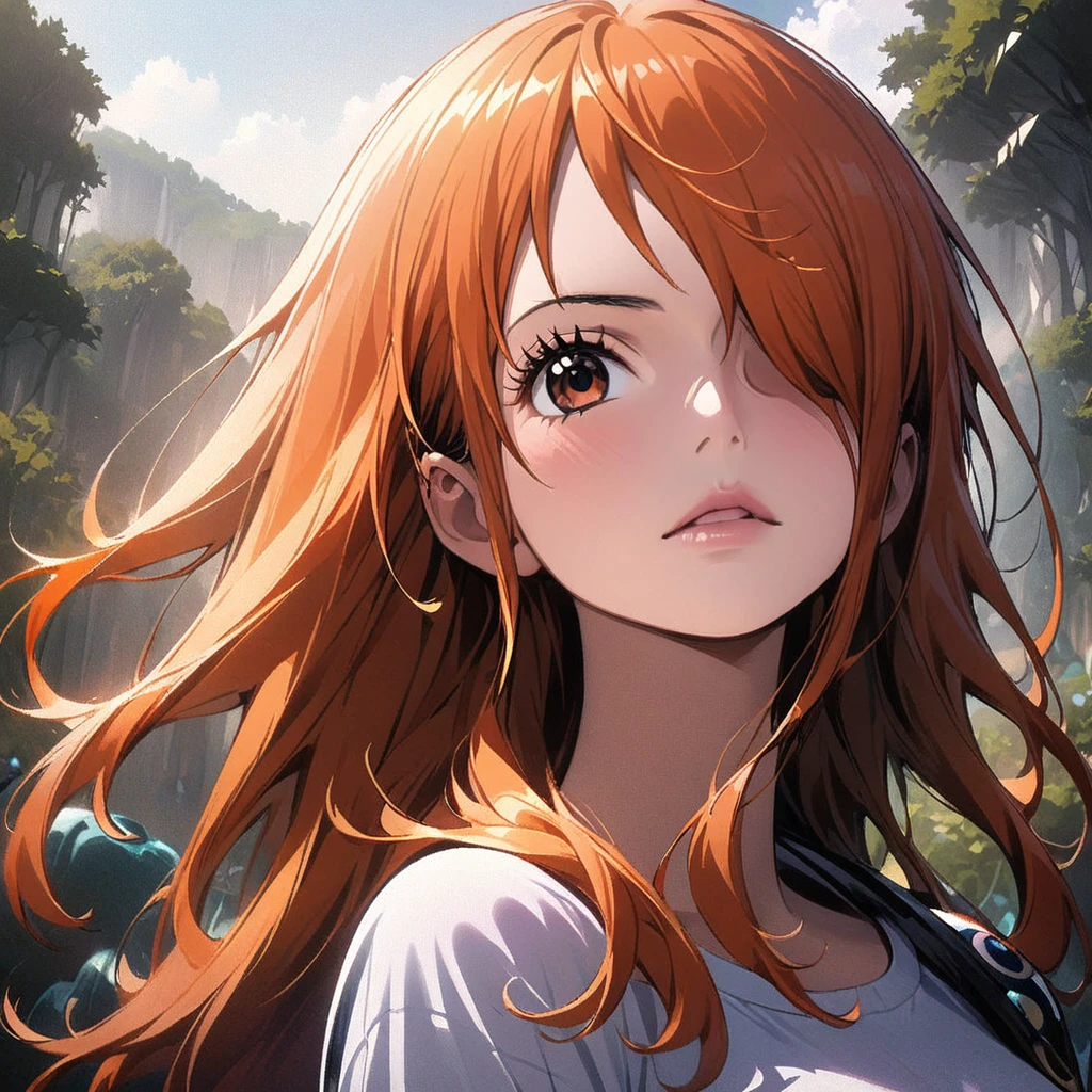 masterpiece, best quality), intricate details, 1 girl, woman, orange hair, nami \ (one piece\), (long hair), shirt, ((white shirt, black pant, black court)) female focus, nature, scenery, upper body, ((front view)) ((close up shot)) ((solo)) ((hair over one eyes)) detailed, very high resolution, no blurry image, full body, orange eyes, sligh wavy hair, ((nami from one piece)) ((female nami from one piece)), (((straight hair)) ((front view)) (close up shot)