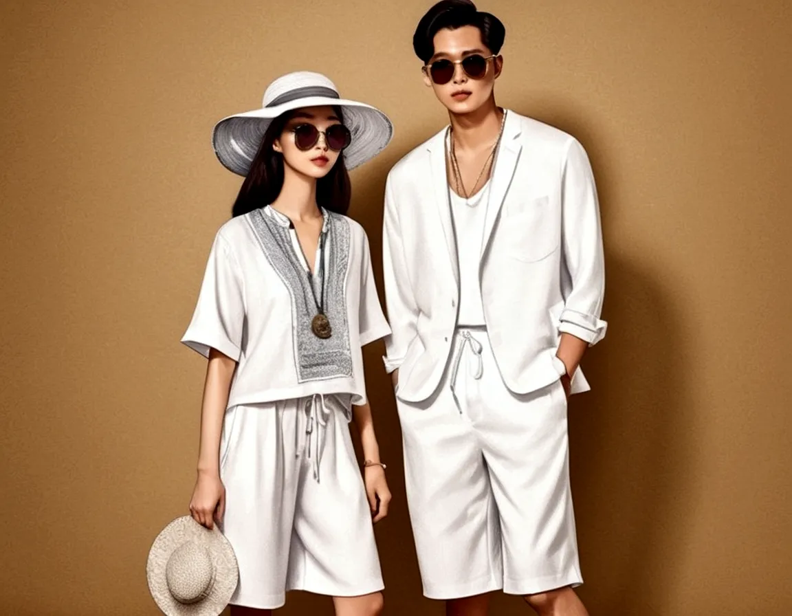 candid fashion illustration of young Asian man and woman, both aged 20 year old, ((showcase fashion in a White cotton-rayon outf...