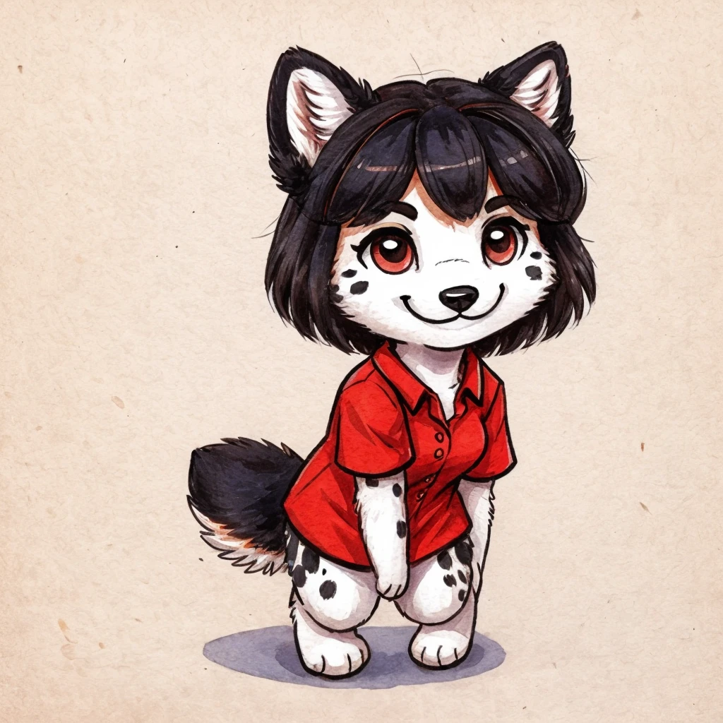 une chienne anthropomorphe à taches noires et à fourrure blanche, Elle a les cheveux noirs, elle est habillée d&#39;une chemise bleue et rouge, sourire fermé, style chibi, art à fourrure de haute qualité.