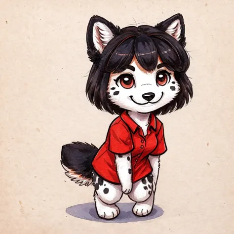 a anthropomorphic black spots and white colored fur female dog, she has dark hair, she's dressed with a blue and red colored shi...