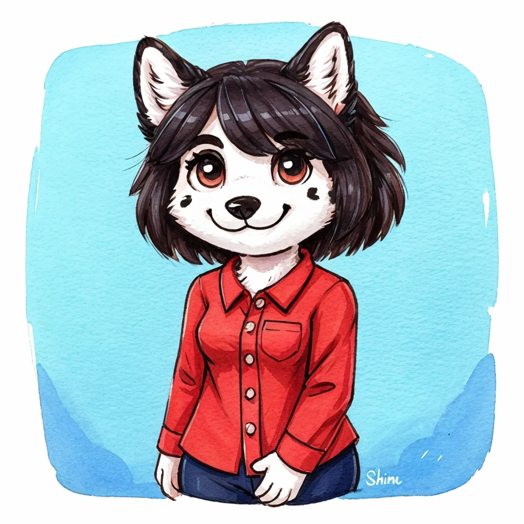 une chienne anthropomorphe à taches noires et à fourrure blanche, Elle a les cheveux noirs, elle est habillée d&#39;une chemise bleue et rouge, sourire fermé, style chibi, art à fourrure de haute qualité.