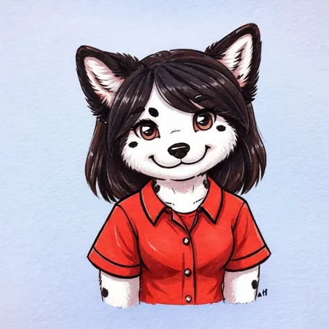 a anthropomorphic black spots and white colored fur female dog, she has dark hair, she's dressed with a blue and red colored shi...