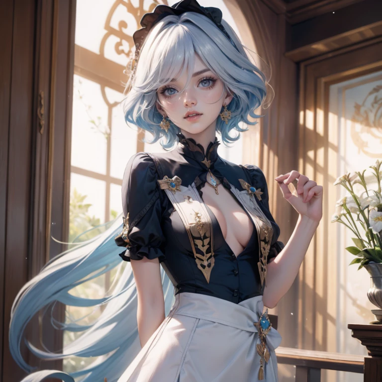 1girl, white roses, ornament hair, white roses on her hair, perfectly body, perfectly hands, white hair, blue hair, wave hair, long hair, ornament hair, long hair, garden scenery, shrine, chinese lantern, Looking at the viewer, flowing hair, Beautiful Eyes, Plump and glossy lips, firefly in the air, maid, maid dress, maid headdress, maid apron, white dress with too many frills, black dress, blue laces, white Short skirt, Drape clothes, blue gem, Lace trim, kitchen, luxury gold details, gold jewelry, more details, best quality, Big sparkling eyes, blushing, white Striped Lace Stockings, blue Lolita skirt, sparkle, solo, centered girl, chinese temple, cowboy shot, upper body portrait, perfectly body, perfectly hands, fireflies in the air, two arms, two legs, two hands, five fingers, perfect anatomy, glowing hair, white roses, maid, maid dress, dress, solo, flowing hair, floating hair, ornament hair, perfectly body, perfectly hands, on the temple, sparkles, more details on her clothes, white dress with transparency, golden details on her dress, night, shrine, ((4k, masterpiece, top-quality)), 8k, best quality, high resolution, UHD, (illustration:0.8), super cute girl, delicate and beautiful face, mature girl, super cute hairstyle, (beautiful detailed eyes:1.6), extremely detailed face, perfect lighting, extremely detailed CG, (perfect hands, perfect anatomy), Best quality, cleavage, small skirt, full Body, two arms, two legs, two hands, five fingers