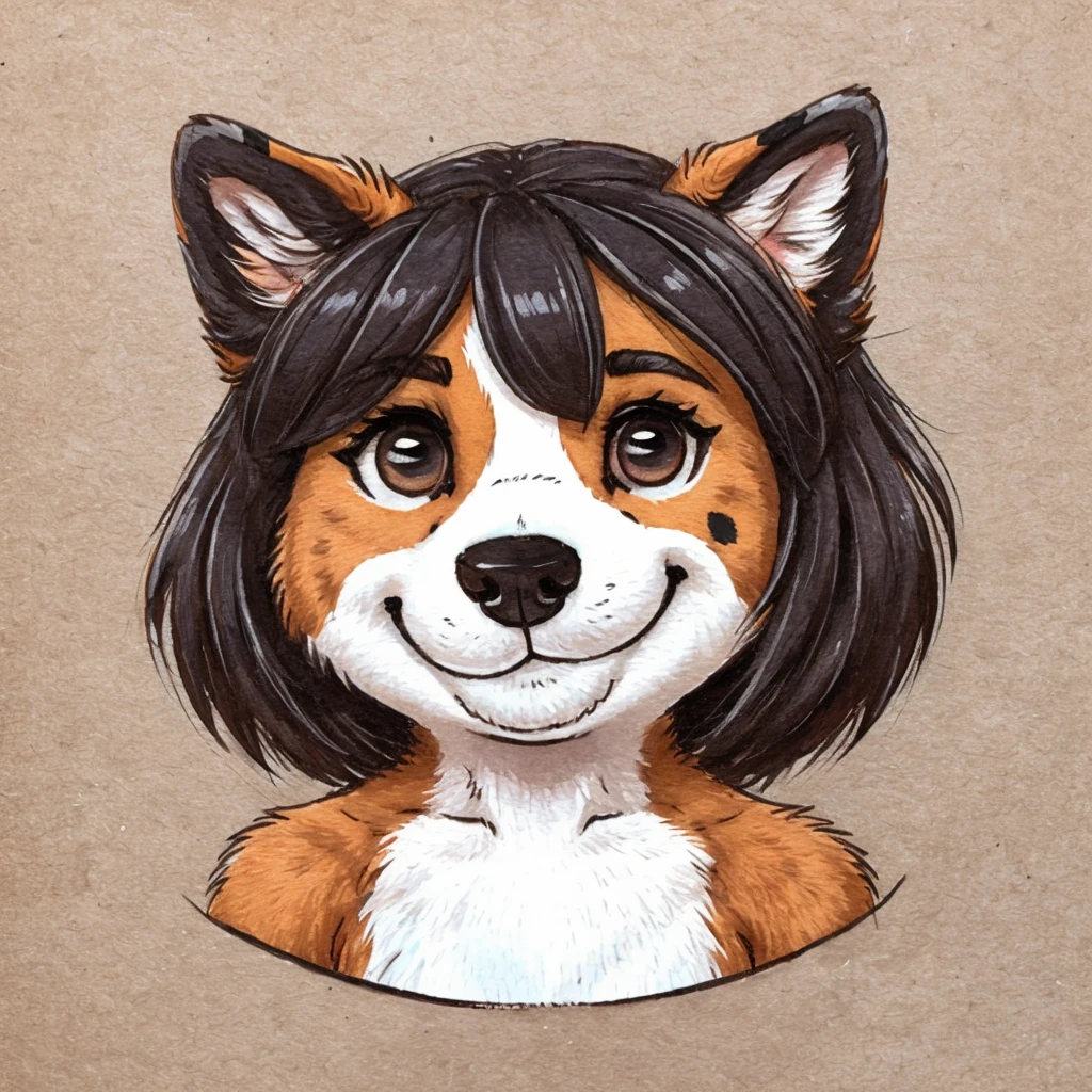 headshot of a anthropomorphic black spots and white colored fur female dog, she has dark hair, closed smile, chibi style, high quality furry art.