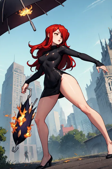 parasoul, 1girl, solo, long red hair, black clothing, striking with an umbrella, rotating blow, in combat, movement, fire, very ...