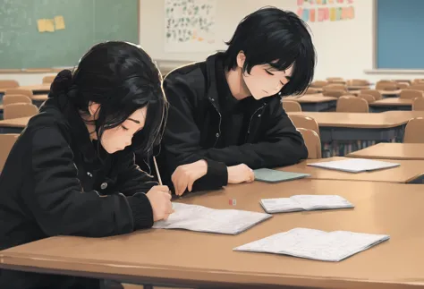 A boy, black hair, black jacket, looking at a sleeping girl, black hair, wearing a sweater, on the table, empty classroom, chibi...