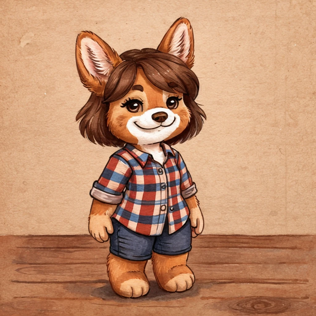 a anthropomorphic Lapinkoira, female dog, she has brown hair, she's dressed with a lumberjack shirt, closed smile, chibi style, high quality furry art.