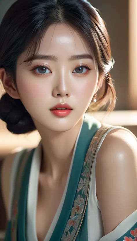 a beautiful korean idol, detailed realistic portrait, flawless skin, mesmerizing eyes, lush lips, elegant hairstyle, gorgeous fa...