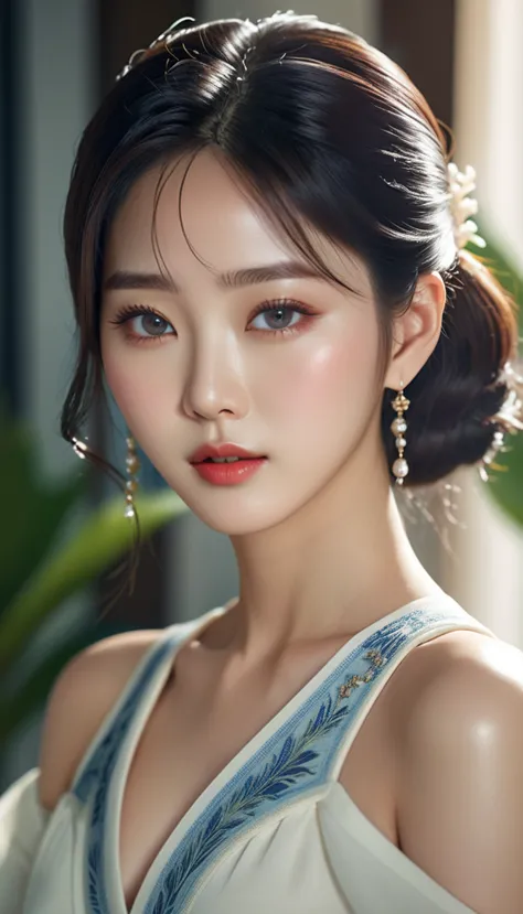 a beautiful korean idol, detailed realistic portrait, flawless skin, mesmerizing eyes, lush lips, elegant hairstyle, gorgeous fa...