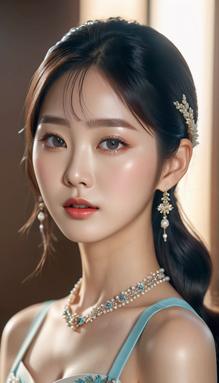 a beautiful korean idol, detailed realistic portrait, flawless skin, mesmerizing eyes, lush lips, elegant hairstyle, gorgeous facial features, natural lighting, photorealistic, cinematic composition, vibrant colors, sharp details, 8k, high resolution, masterpiece, award-winning digital art