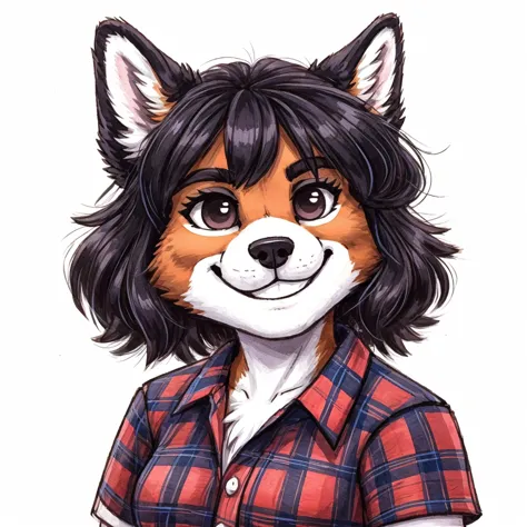 headshot of a anthropomorphic black and white lapinkoira, female dog, she has dark hair, she's dressed with a lumberjack shirt, ...