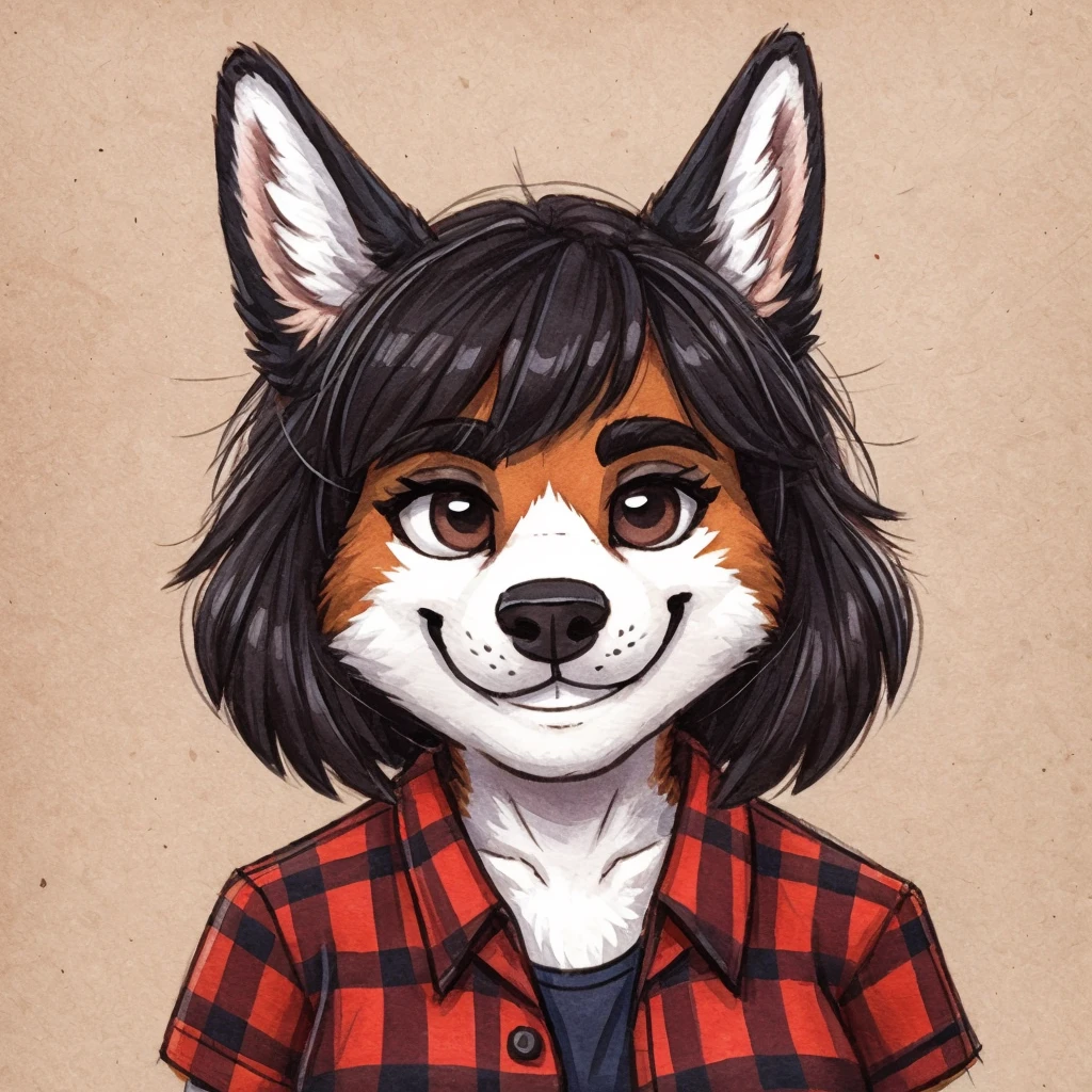 headshot of a anthropomorphic black and white Lapinkoira, female dog, she has dark hair, she's dressed with a lumberjack shirt, closed smile, chibi style, high quality furry art.