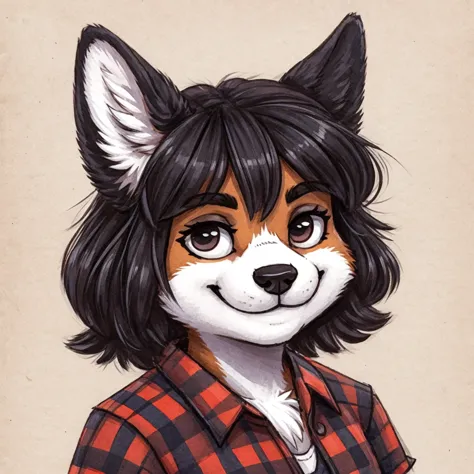 headshot of a anthropomorphic black and white lapinkoira, female dog, she has dark hair, she's dressed with a lumberjack shirt, ...