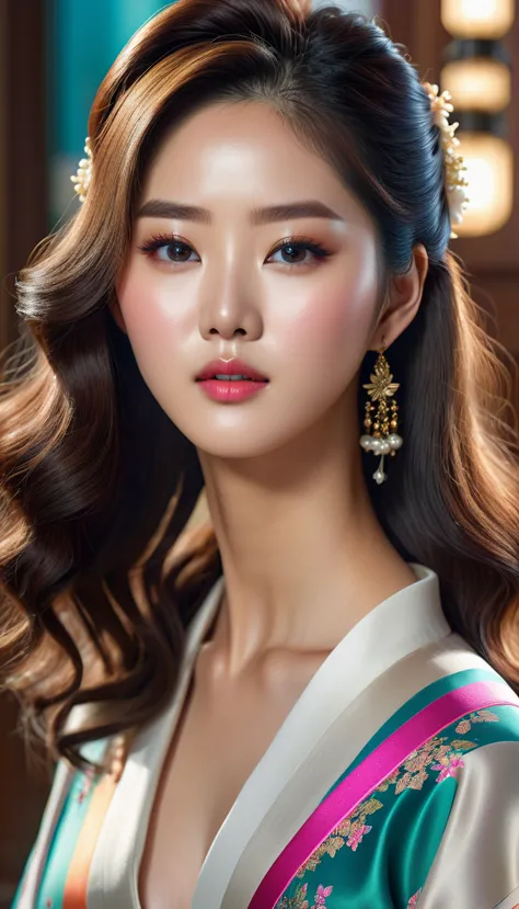 a beautiful korean idol, detailed realistic portrait, flawless skin, mesmerizing eyes, lush lips, elegant hairstyle, gorgeous fa...