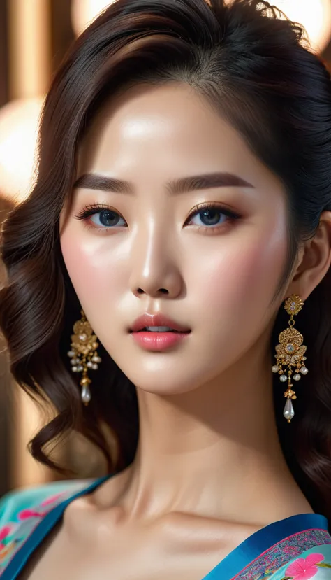 a beautiful korean idol, detailed realistic portrait, flawless skin, mesmerizing eyes, lush lips, elegant hairstyle, gorgeous fa...