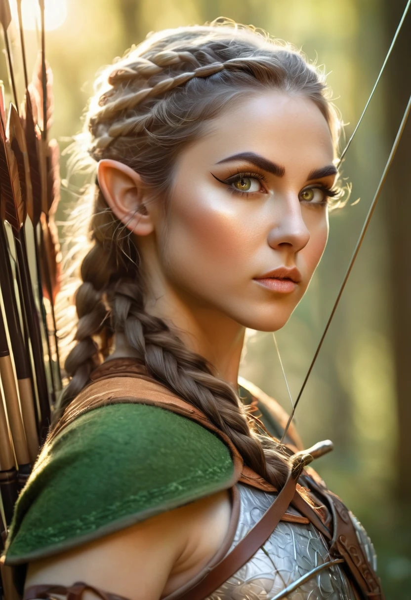 a detailed portrait of a female elf archer, beautiful detailed eyes, beautiful detailed lips, extremely detailed eyes and face, long eyelashes, perfect skin, intricate fantasy costume, holding a longbow, quiver of arrows on her back, forest background, sunlight filtering through the trees, dramatic lighting, warm color palette, detailed textures, cinematic composition, masterpiece, hyper realistic, photorealistic, 8k, high quality