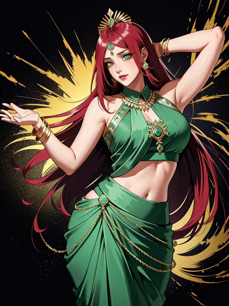 uzumaki_Kushina, beaucoup de bijoux, blouse en soie noire et sari vert clair, maquillage incroyable, Beau visage, Yeux gentils, danse complexe, look et danse traditionnels, seins gigantesques, cuisse moyenne, cul moyen