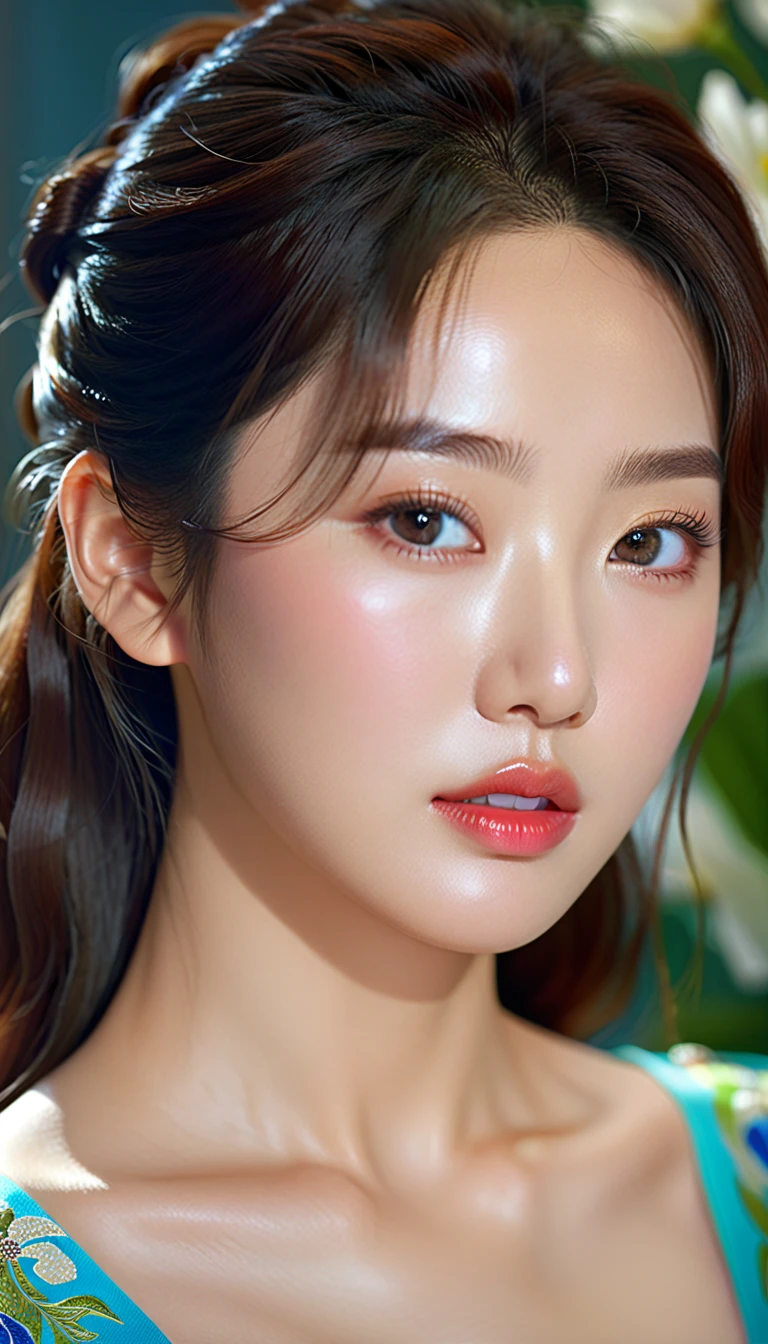 Un hermoso ídolo coreano, retrato realista detallado, piel perfecta, Ojos fascinantes, labios exuberantes, peinado elegante, Magníficos rasgos faciales, iluminación natural, Fotorrealista, composición cinematográfica, Colores vibrantes, detalles nítidos, 8K, Alta resolución, obra maestra, arte digital premiado