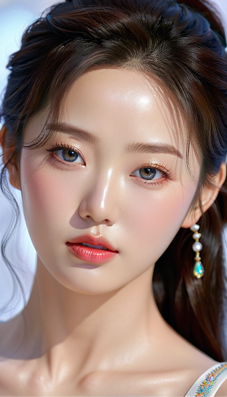 a beautiful korean idol, detailed realistic portrait, flawless skin, mesmerizing eyes, lush lips, elegant hairstyle, gorgeous facial features, natural lighting, photorealistic, cinematic composition, vibrant colors, sharp details, 8k, high resolution, masterpiece, award-winning digital art