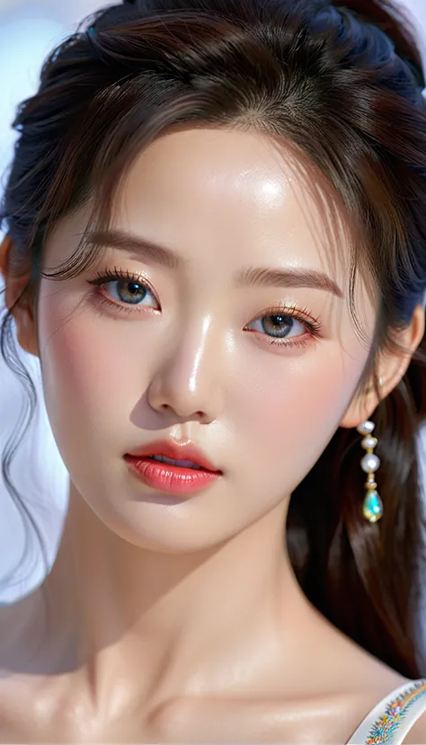 a beautiful korean idol, detailed realistic portrait, flawless skin, mesmerizing eyes, lush lips, elegant hairstyle, gorgeous fa...