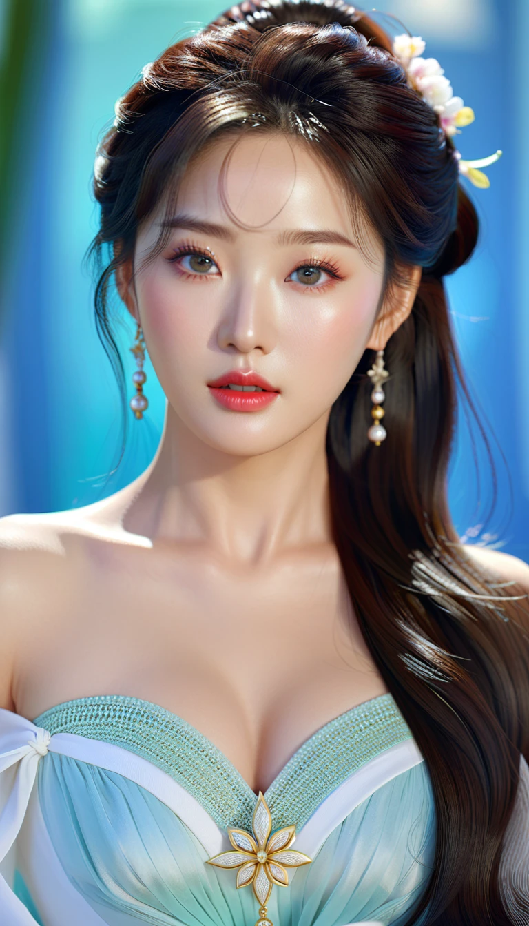 a beautiful korean idol, detailed realistic portrait, flawless skin, mesmerizing eyes, lush lips, elegant hairstyle, gorgeous facial features, natural lighting, photorealistic, cinematic composition, vibrant colors, sharp details, 8k, high resolution, masterpiece, award-winning digital art