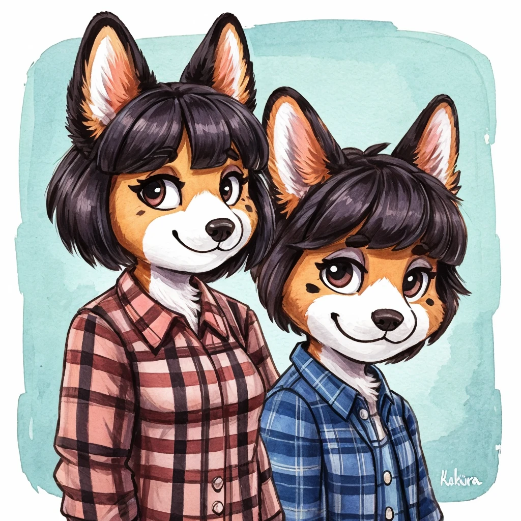 a cute, anthropomorphic black spots and white colored fur, female lapinkoira dog, she has dark hair, she's dressed with a blue lumberjack shirt, closed smile, animal crossing style, high quality furry art.