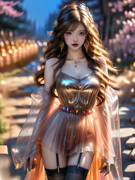 An Asian Chinese female model, Snow mountain waterfall background at night, (8K Ultra HD, Digital SLR Camera, Soft Light, high quality, Volumetric Lighting, frank, photo, high resolution, 4K, 8K, Bokeh), (Create stunning images of real girls, warm light, Dynamic poses, Elegant Posture, Cowboy lens, Full body front view, From the front，Be confident, Front of the body facing the camera, Standing posture facing the camera, Open your legs slightly, Golden Ratio Graphics, Minimalism), (Show a charming smile, Willow Leaf Eyebrows, big eyes, Apricot eye prick, Cherry Blossom, Balanced Eyes, Oval face, Pretty Face, Normal facial features, Skin is transparent and visible, Thin skin and tender meat, cosmetic, (Glasses), earrings, bracelet, necklace, Jewelry, veil, Hair accessories), (Brown hair, Wavy curly hairstyle, Waist-length hair, Messy Hairstyle, Gradient hairstyles, Cyberpunk hairstyle), (Transparent clothes：1.5, Orange clothes, Thin clothes, Transparent mesh clothes, Transparent clothes, Transparent silk hanfu,Ultra-fine three-point underwear), (Sexy, Perfect breast shape, Teardrop-shaped chest shape, Snow-white breasts, very detailed breasts, 34E cup), (Super high waist clothes, Waist hollow, Levain), (Black socks, Clear knee-length socks, 吊garter, Leg ring, garter, 腿部garter)