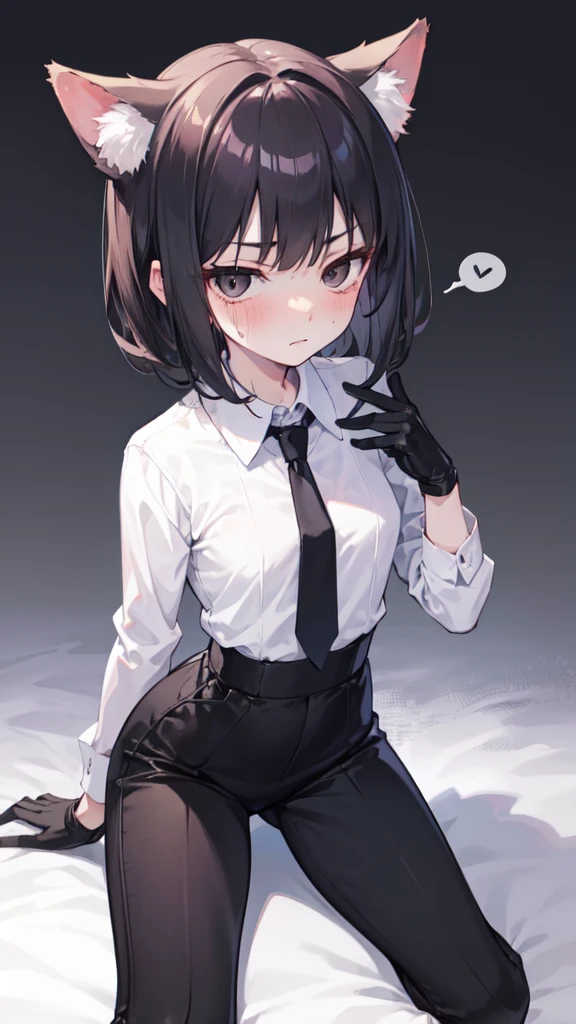 18-year-old Shota，cute，Wear a white long-sleeved shirt and a black work tie，Wear black pants，Wear black booties，Wear white gloves，wear cat ear，Wearing a collar，Black hair，Black eyes，Very thin waist，Very thin legs，Handsome，Disdainful and cold expression，shy，blush，scared，Sweating，porn，Is giving sexual assault，Glove removal action，nsfw