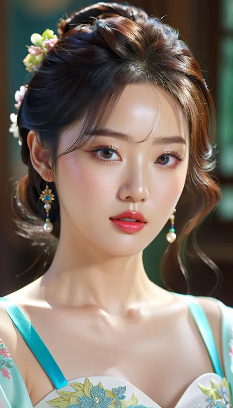 a beautiful korean idol, detailed realistic portrait, flawless skin, mesmerizing eyes, lush lips, elegant hairstyle, gorgeous fa...