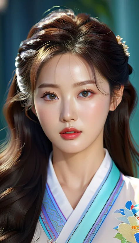 a beautiful korean idol, detailed realistic portrait, flawless skin, mesmerizing eyes, lush lips, elegant hairstyle, gorgeous fa...