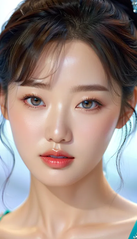 a beautiful korean idol, detailed realistic portrait, flawless skin, mesmerizing eyes, lush lips, elegant hairstyle, gorgeous fa...