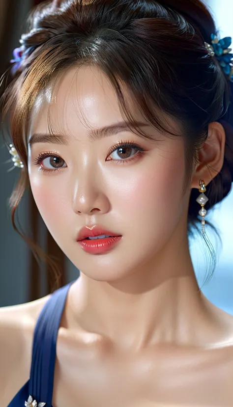 a beautiful korean idol, detailed realistic portrait, flawless skin, mesmerizing eyes, lush lips, elegant hairstyle, gorgeous fa...