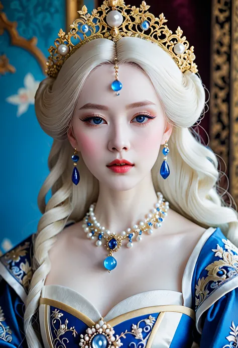a close up of a woman wearing a blue dress and a necklace, rococo queen, pale porcelain white skin, porcelain pale skin, a beaut...