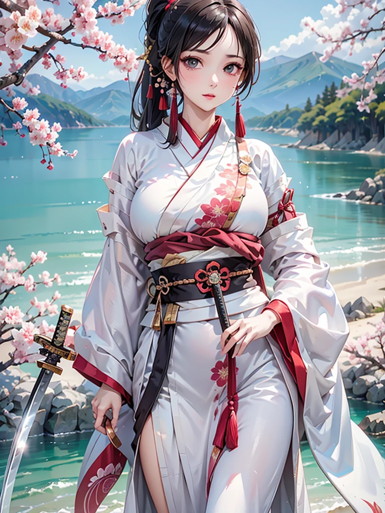  animé,３５Beauté d&#39;un an、 seul,Superbe belle œuvre d&#39;art, maximaliste, de artgerm, 8Kanimé作品, Photo 8k, tendance sur art station. En regardant le public, chef-d&#39;œuvre, la plus haute qualité,  cheveux noirs, queue de cheval、yeux marron foncé, Modèle, (Anatomie parfaite, Anatomiquement correct, peau très détaillée), Belle attention aux détails, lèvres détaillées, Pose provocante,Ｄtasse, fantaisie, fleurs de cerisier、Déguisement blanc、(Épée japonaise:1.4), Bord de rivière、Beau paysage, 