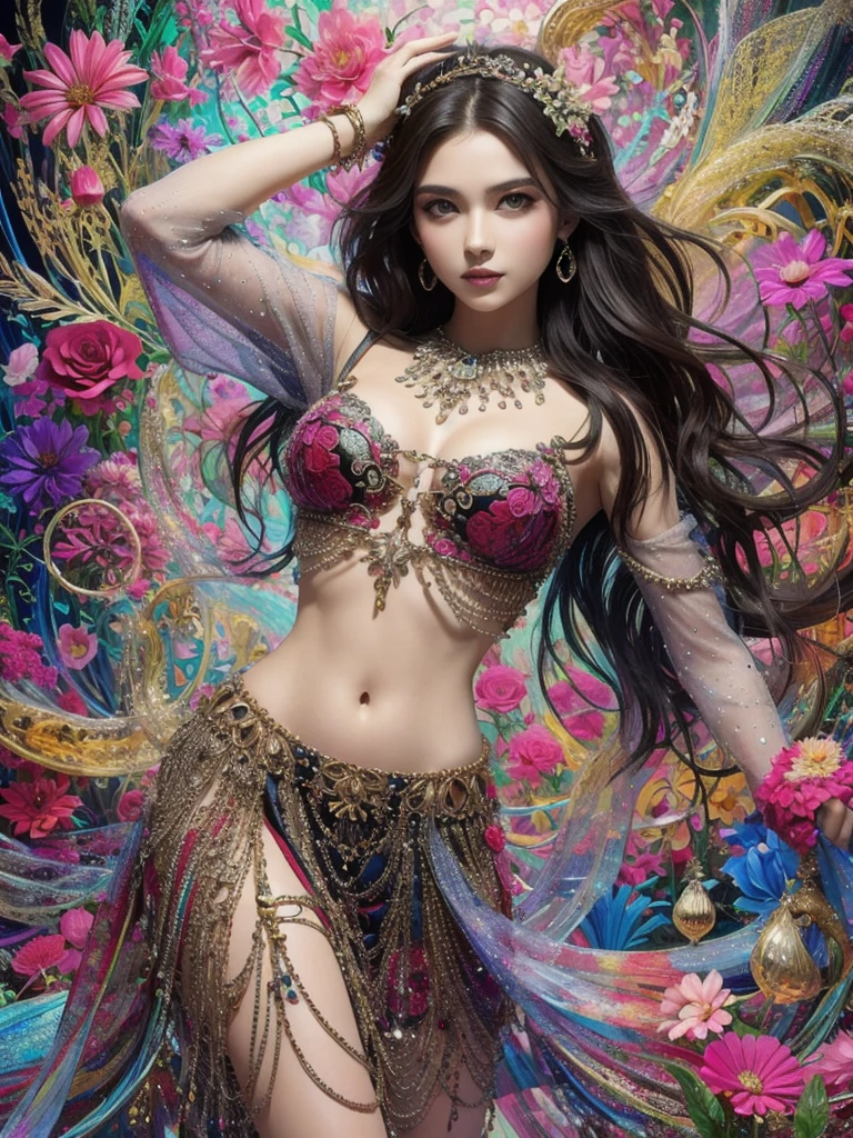 (masterpiece, top quality, Best quality, official art, beautiful and aesthetically pleasing:1.2), (1 girl:1.3), extremely detailed,(fractal art:1.1),(Colorful:1.1)(flowers:1.3),as detailed as possible, (zentangle:1.2), very beautiful slender young woman 25-30 years old, dynamic pose, The whole body is in full growth, (abstract background:1.5), (shiny skin), (many colors:1.4), ,(earrings), (feathers:1.2),