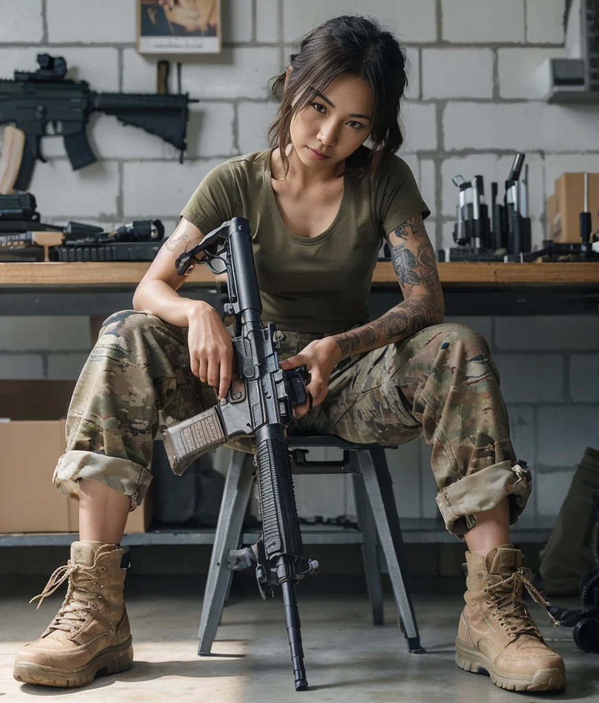 8K, 현실적인 사진, 현실적인 피부 질감, 아름다운 일본계 미국인 여성 미군 병사, 간단한 창고, 간이의자에 앉아 자동소총을 들고 있는 모습, 유지, 자동 소총에는 탄창이 설치되어 있지 않습니다..테이블 위의 자동소총 부품、군용 바지, 부츠, 문신, 티셔츠, 탄탄한 몸매, 큰 몸.