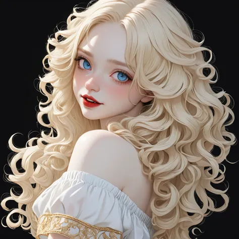 (young, woman, pale skin, blue eyes:1.3), long blonde curly hair, (muscular body, small breasts:1.1), (red lipstick, black eye m...