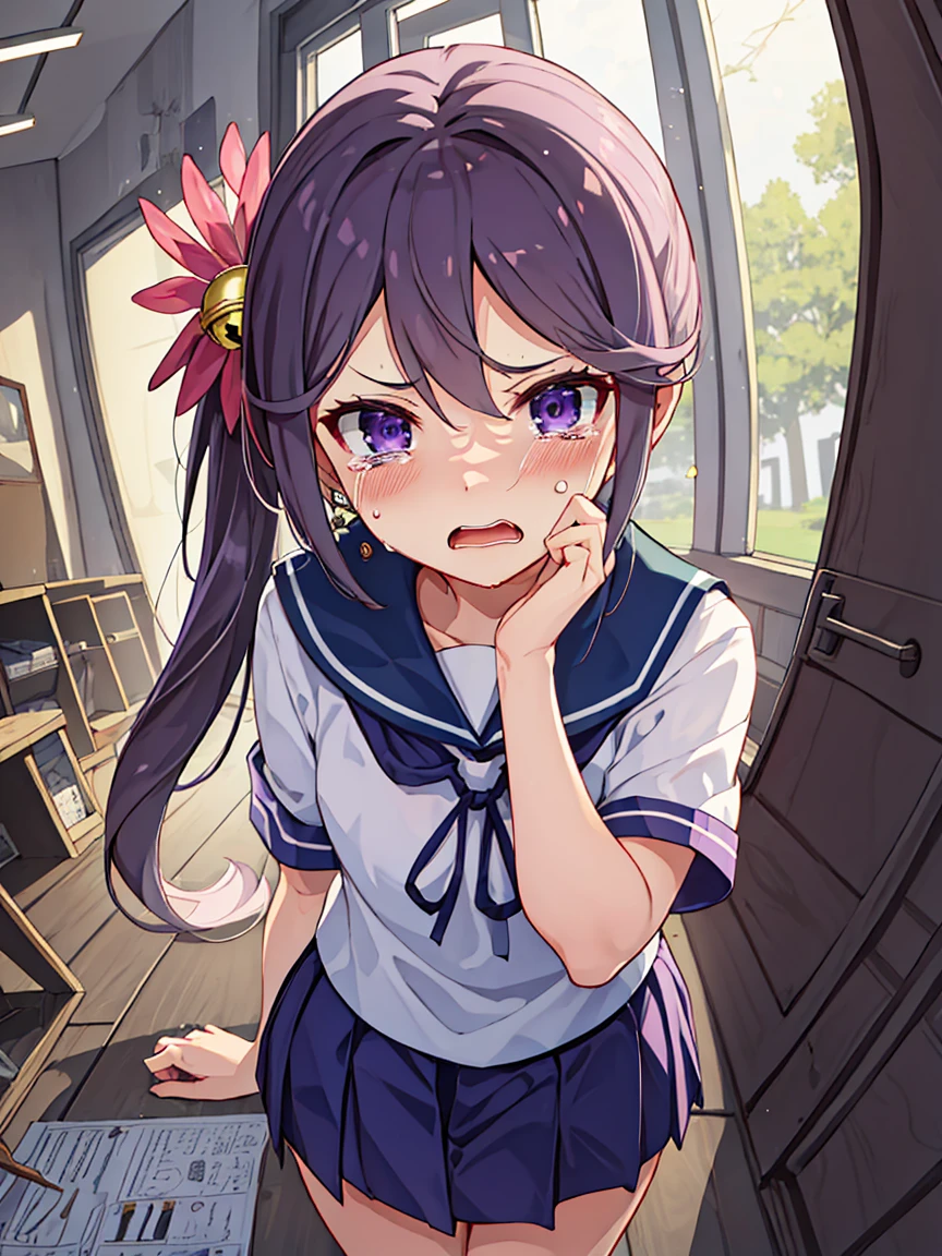Akebono_Fleet Collection, purple_hair, length_hair, hair_ornament, ~ side_ponytail, purple_eye, flower, hair_flower, hair_Bell, Bell, Jingle_Bell, Seraphim, very_length_hair, School_uniform, separate, (Small breasts, Small body), (low length:1.2), One  , alone, looking at viewer
break 
(SFW:1.3), I want to pee, Place your hands between your legs, Leaning forward, trembling, 
break
(anger), (Are crying), (blush), (Open your mouth:1.3), wavy mouth
break
official art, finest masterpiece, Highest quality, Highest Resolution, 8K, Most detailed, Extremely elaborate hands, Highly detailed fingers, very detailed mouth, perfect anatomy
break
(door, workroom), Dust, Dust, Particles of light, very fine and detailed 16KCG wallpapers