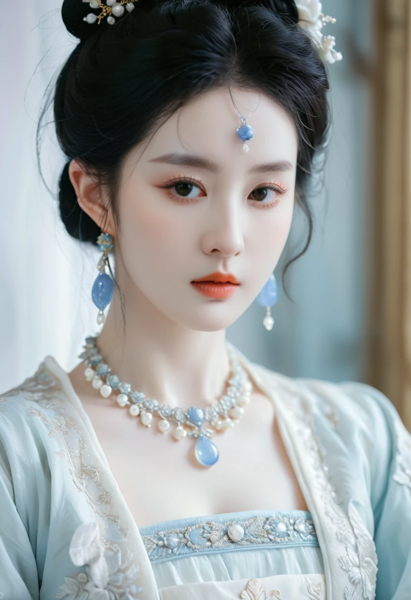 a close up of a woman wearing a blue dress and a necklace, rococo queen, pale porcelain white skin, porcelain pale skin, a beautiful fantasy empress, pale snow white skin, porcelain white skin, palace ， a girl in hanfu, ((a beautiful fantasy empress)), ball jointed doll, pale milky white porcelain skin, # rococo