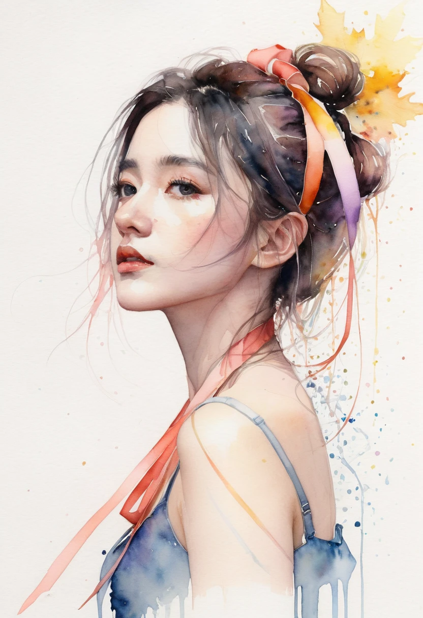 (8k, best quality, masterpiece:1.2),(best quality:1.0), (ultra highres:1.0), watercolor, a beautiful woman, shoulder, hair ribbons, by agnes cecile, half body portrait, extremely luminous bright design, pastel colors, (ink:1.3), autumn lights,