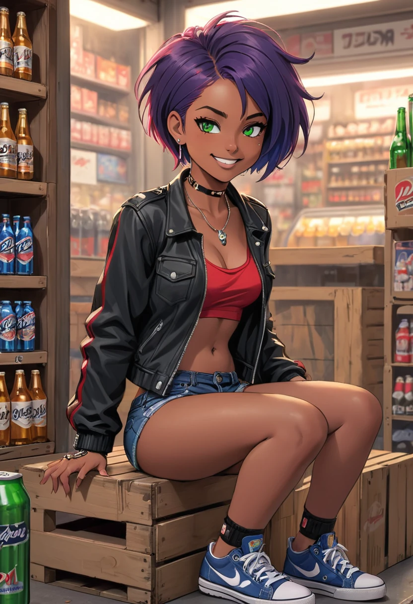 childish, sassy, ​​skinny, black skin, punk girl, short purple hair, green eyes, flat chest, pert butt, piercings, thick necklace, wristbands, black jacket, red tank top, micro denim shorts, blue sneakers, cheeky smile, sitting on crates of beer, in front of a convenience store, erotic comic, cinematic, dramatic, dynamic view, full body,